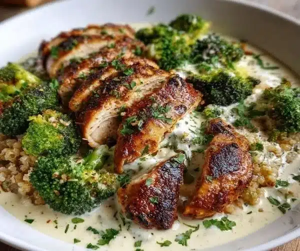 Grilled Chicken & Broccoli Bowls with Creamy Garlic Sauce