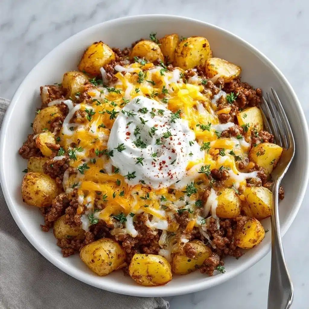 Delicious ground beef and potatoes casserole in a baking dish