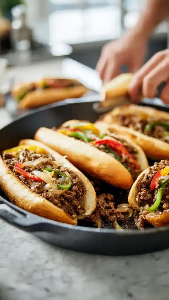 Ground Beef Philly Cheesesteak sandwich with melted cheese and fresh ingredients