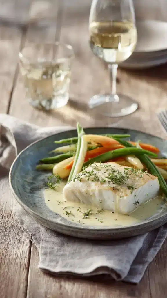 Plate of halibut with zesty lemon beurre blanc sauce served with vegetables