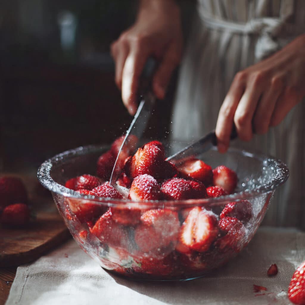 Strawberry Shortcake Recipe 2 hands slicing fresh strawberries in a glass