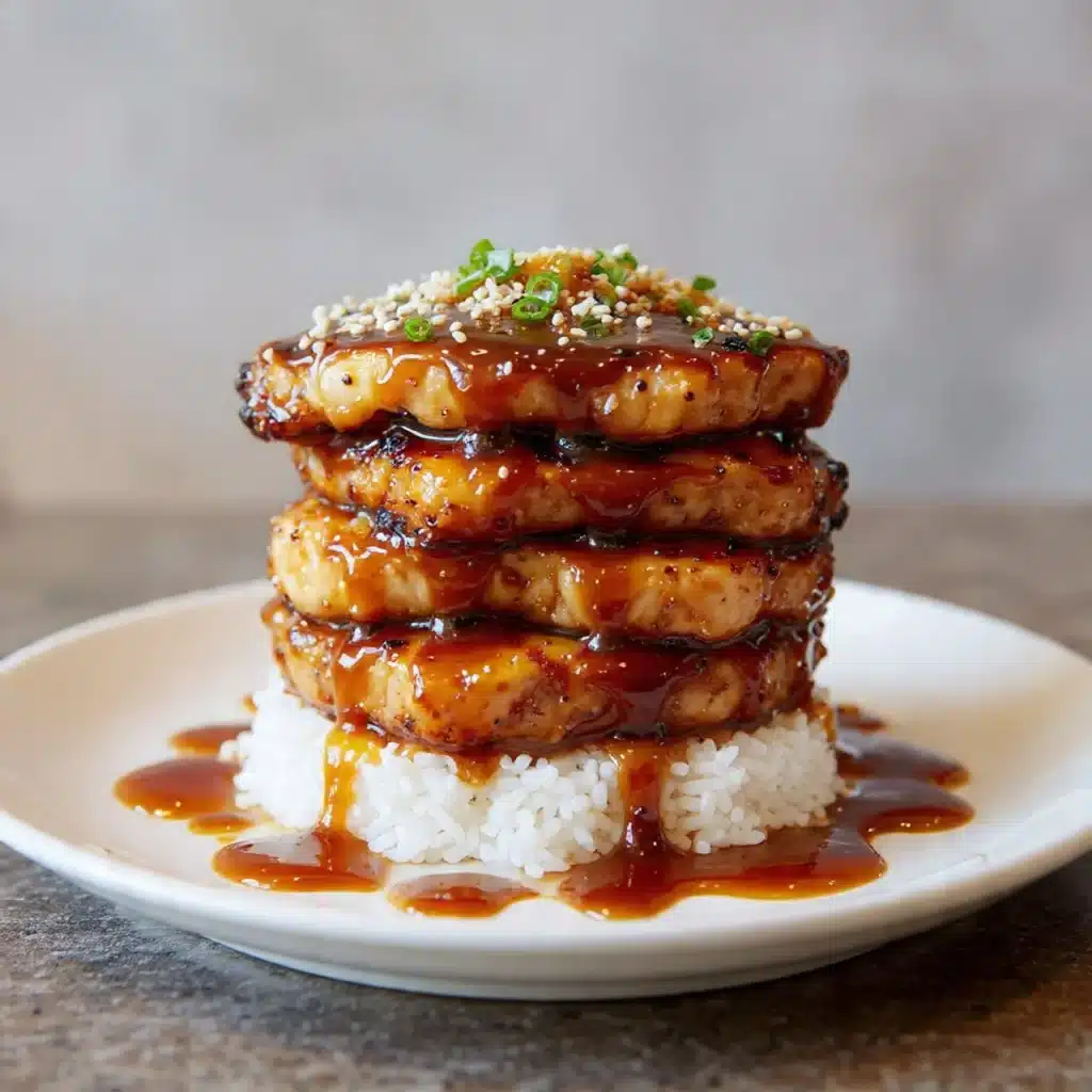 Hawaiian Huli Huli Chicken Stack garnished and served on a plate