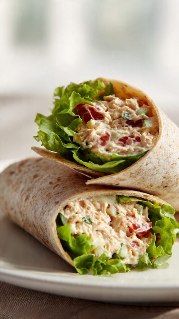 healthy chicken salad wraps cut in half