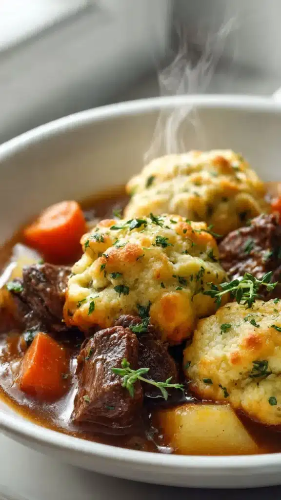 Hearty beef stew with cheddar herb dumplings in a rustic bowl