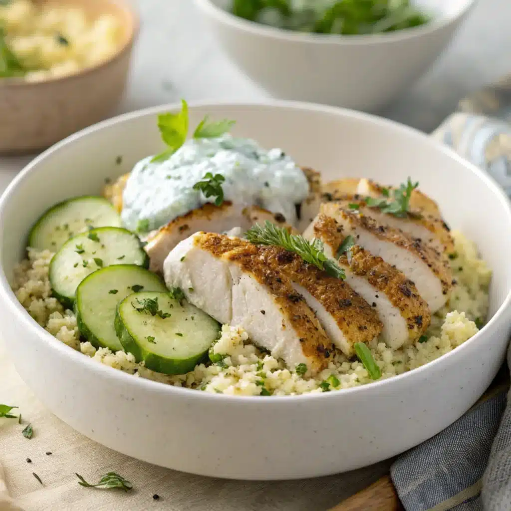 Herbed chicken served with couscous bowls and tzatziki sauce