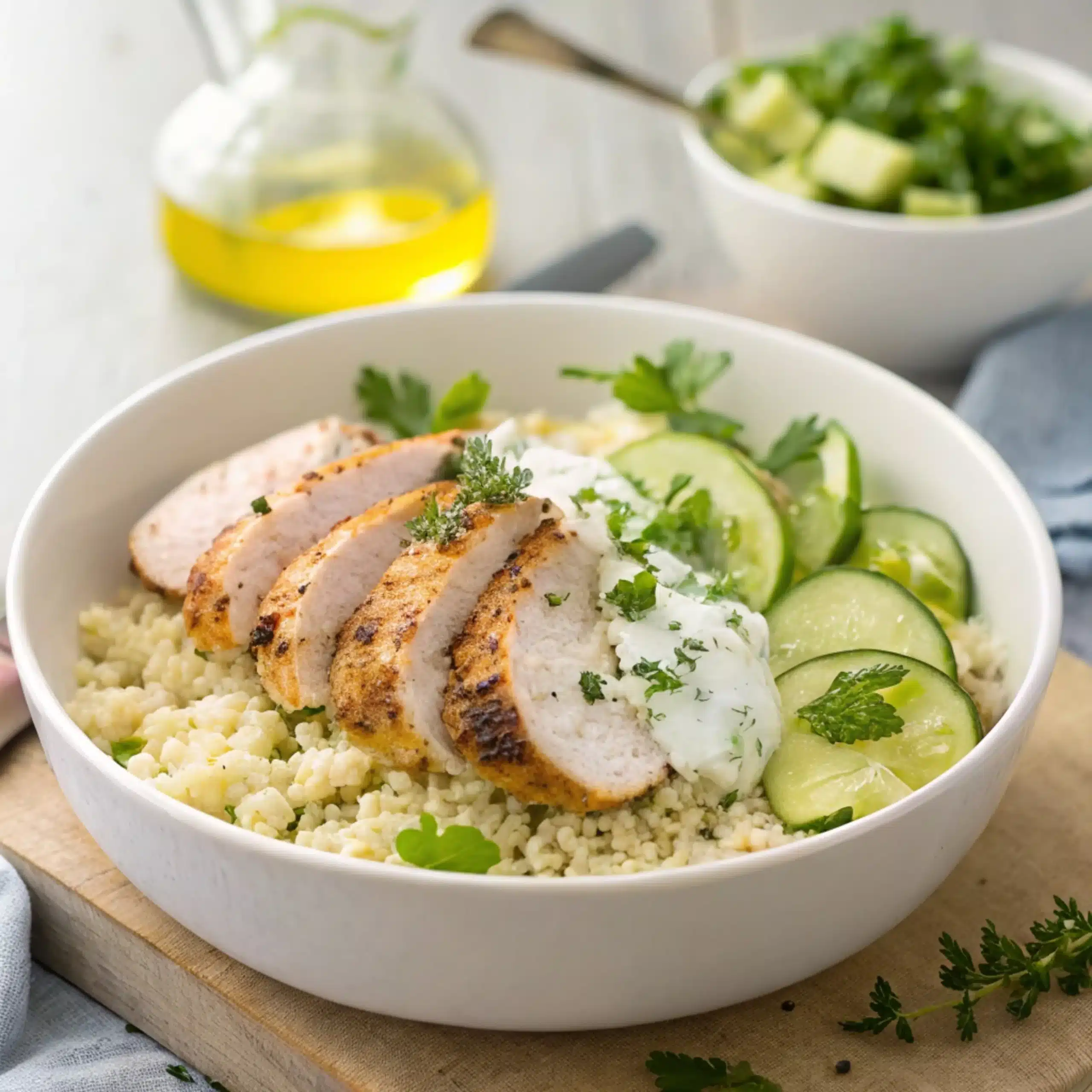 Herbed Chicken and Couscous Bowls with Tzatziki 1 Herbed Chicken and Couscous Bowls with Tzatziki