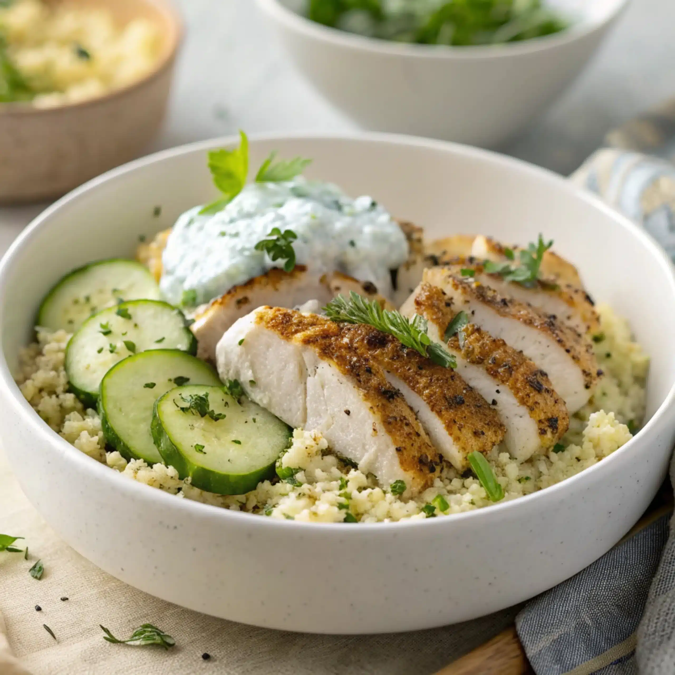 Herbed Chicken and Couscous Bowls with Tzatziki 2 Herbed Chicken and Couscous Bowls with Tzatziki