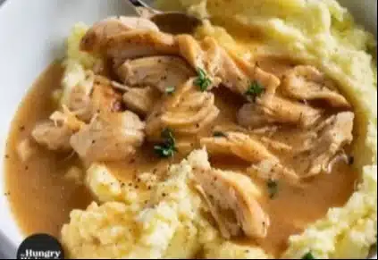 Delicious homemade chicken with gravy served on a plate