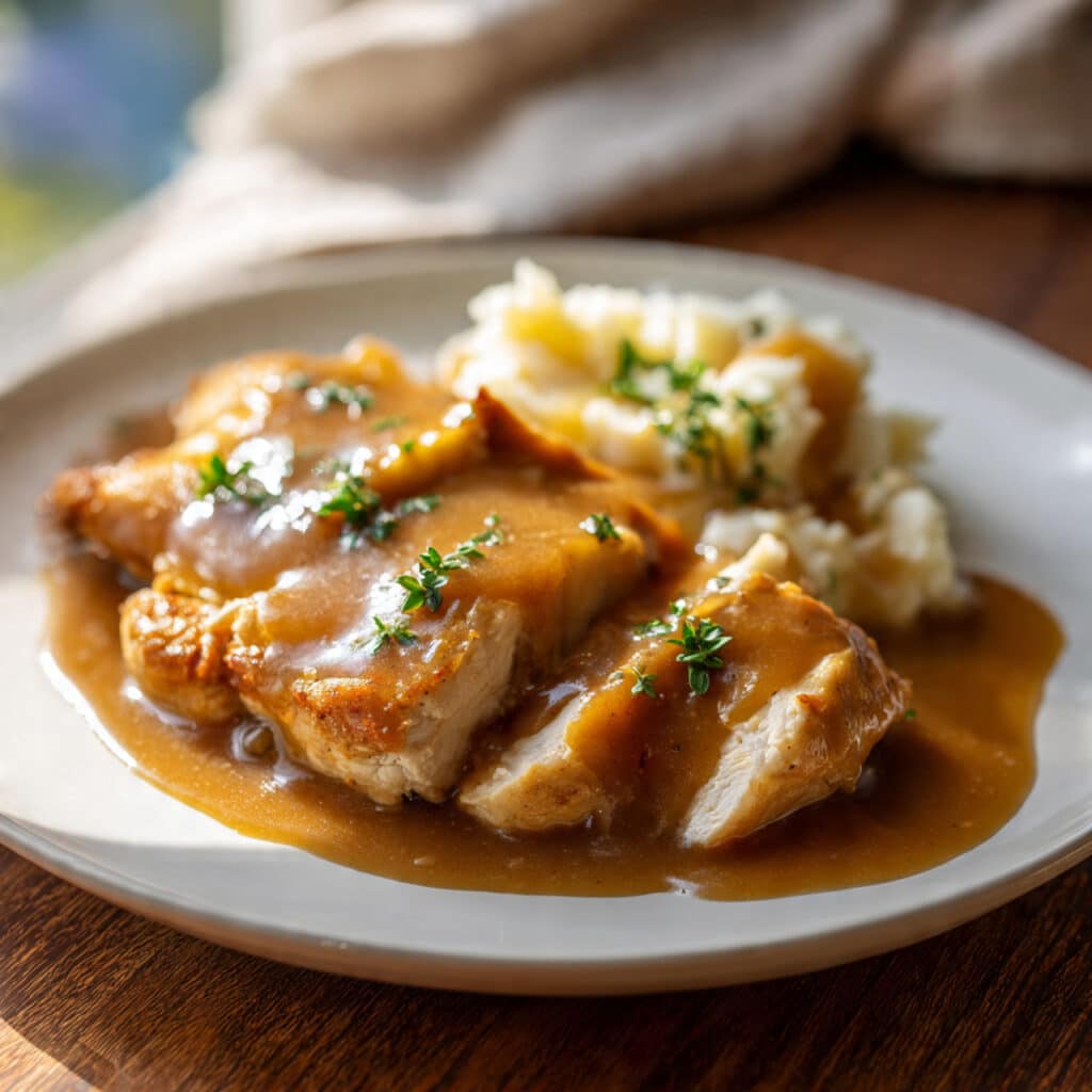 homemade chicken with gravy served on a