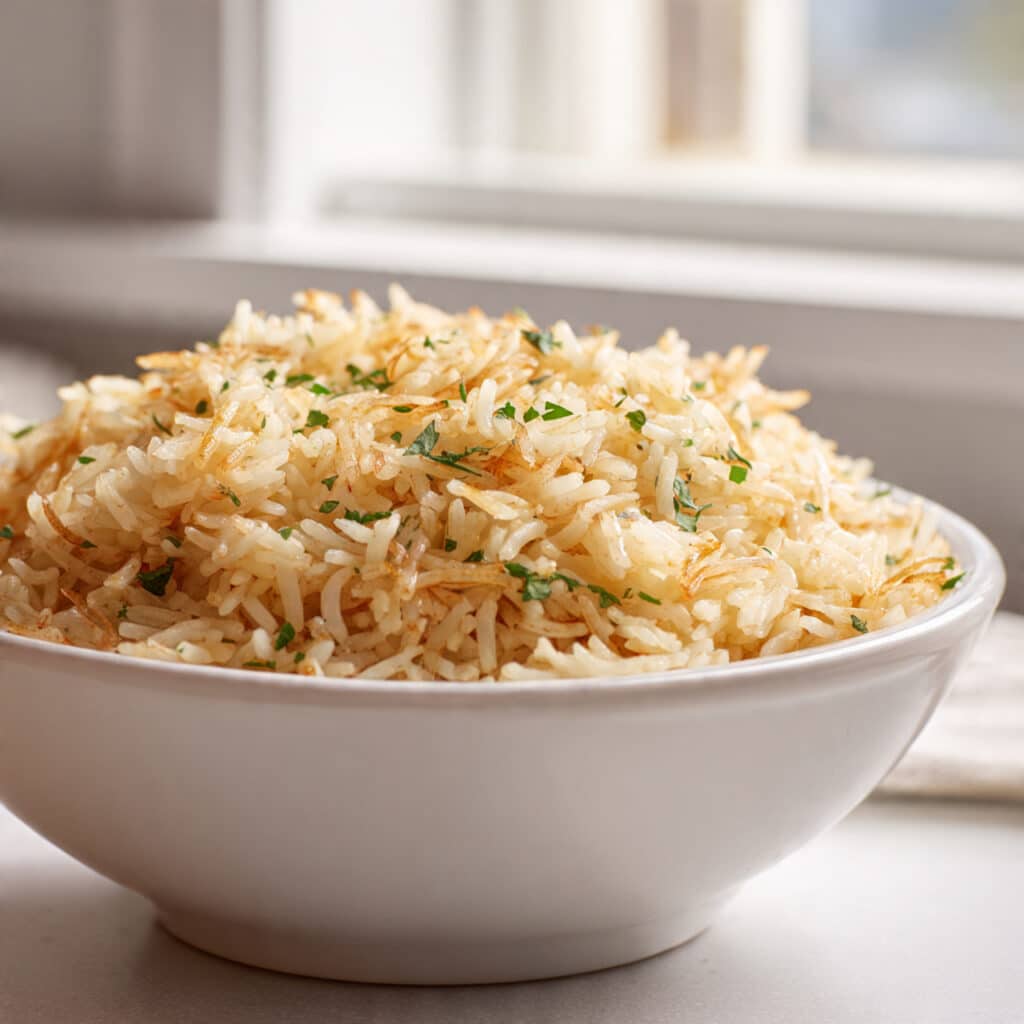 homemade rice a roni served in a simple white