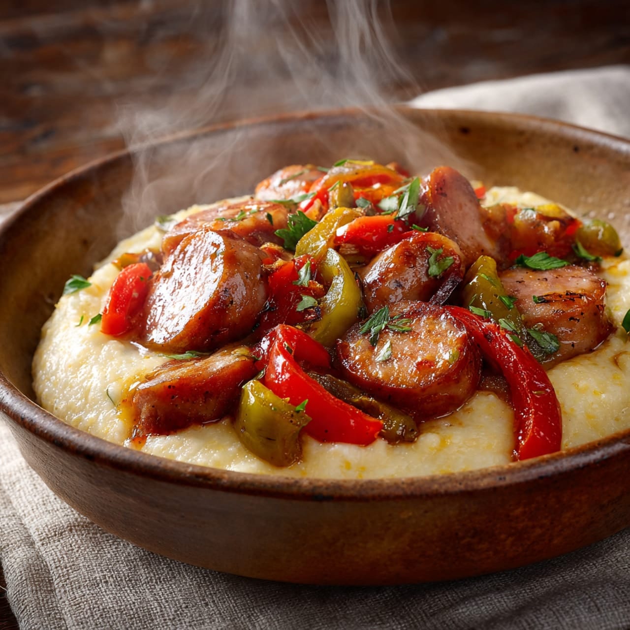 Kielbasa Sausage and Peppers with Cheesy Grits 3 kielbasa sausage and peppers served over a