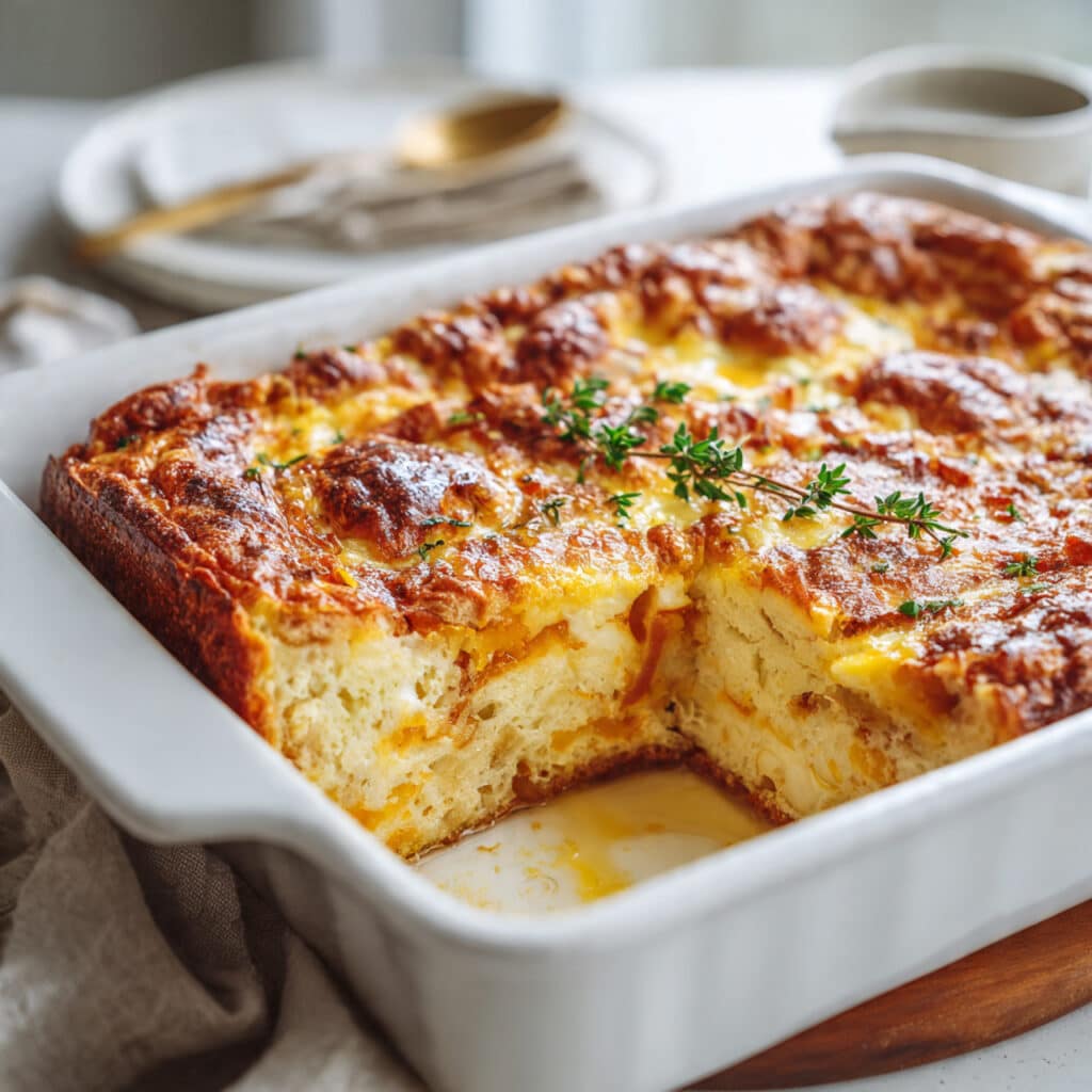 make ahead breakfast casserole served in its baking
