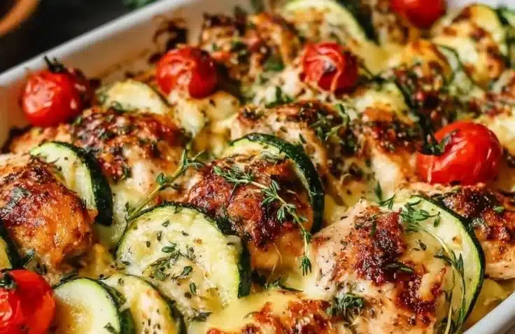 Mediterranean Chicken Zucchini Bake dish served on a plate with fresh herbs