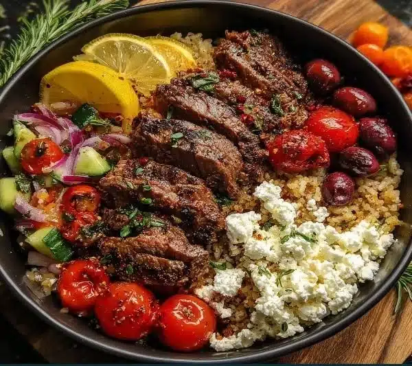 Mediterranean steak bowls with fresh vegetables and herbs