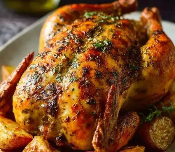 Oven Roasted Whole Chicken 3 Oven roasted whole chicken garnished with herbs and vegetables on a serving platter.