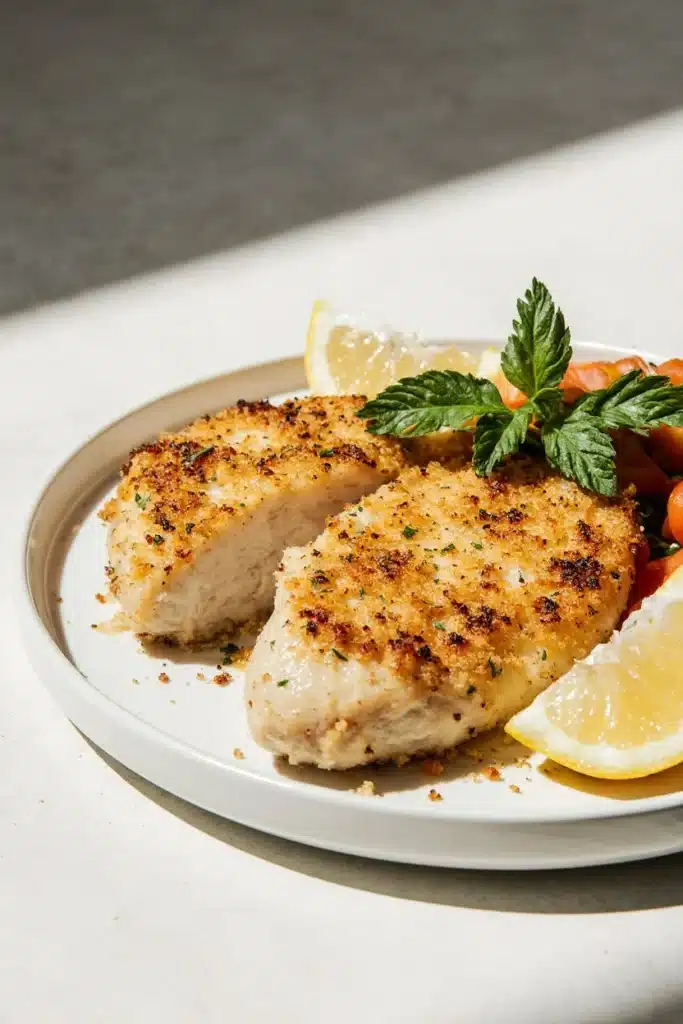 Crispy Parmesan Crusted Chicken plated with herbs and vegetables
