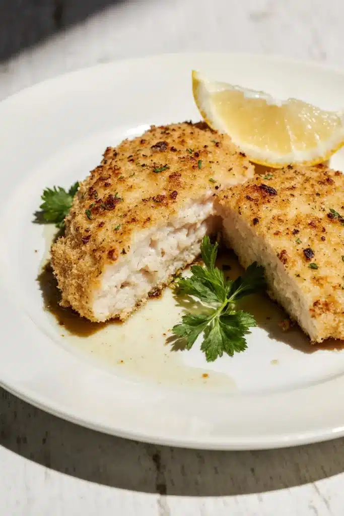 Delicious Parmesan Crusted Chicken served with herbs and greens