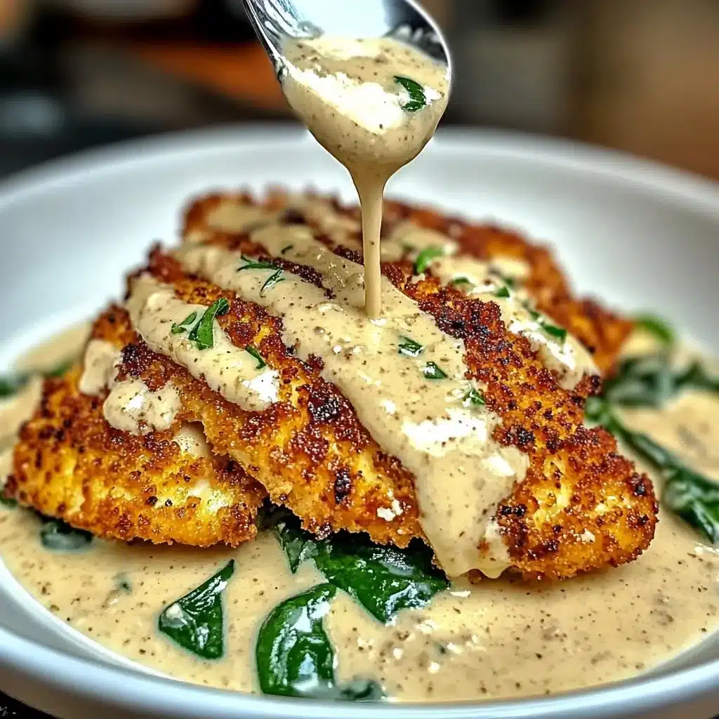 Parmesan Crusted Chicken served with creamy garlic sauce on a plate