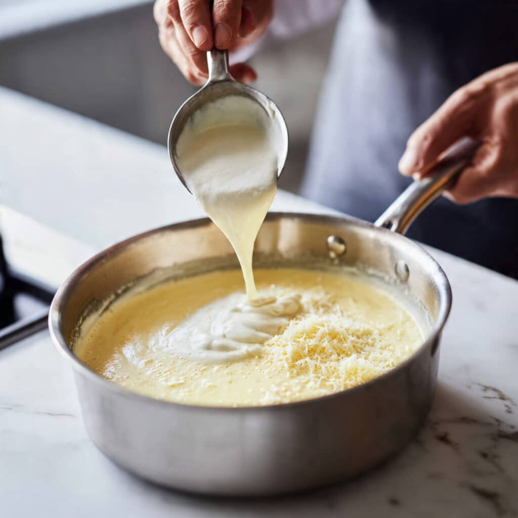 professional food photography of creamy alfredo sauce