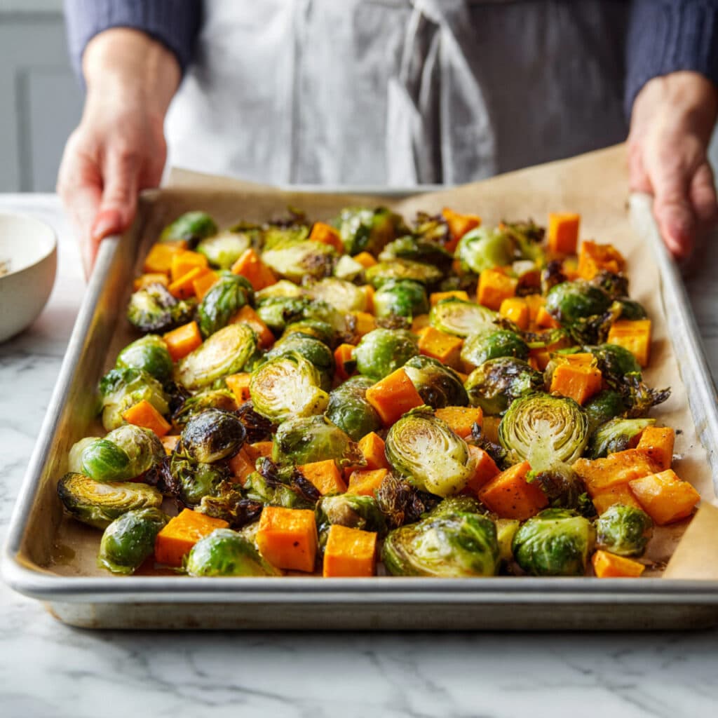 professional food photography of crispy roasted brussels