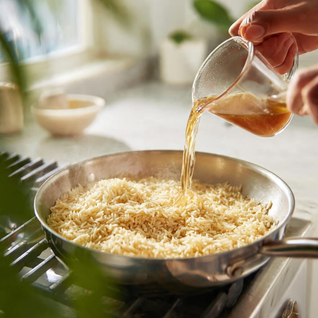 professional food photography of homemade rice a roni preparation