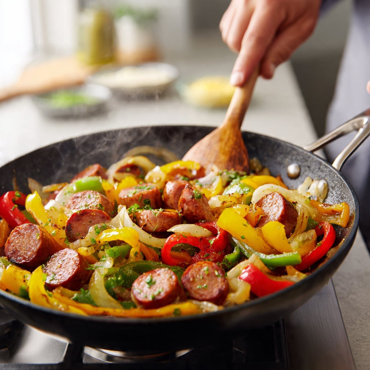 Kielbasa Sausage and Peppers with Cheesy Grits 1 professional food photography of kielbasa sausage and 1