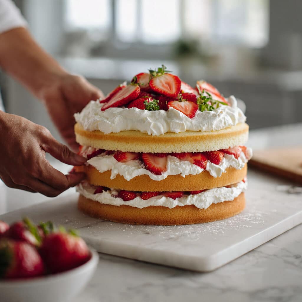 professional food photography of layered strawberry shortcake