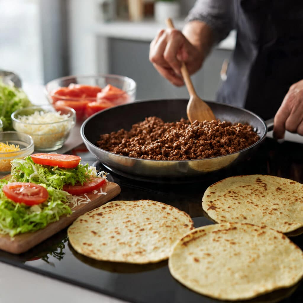 professional food photography of quick beef tacos
