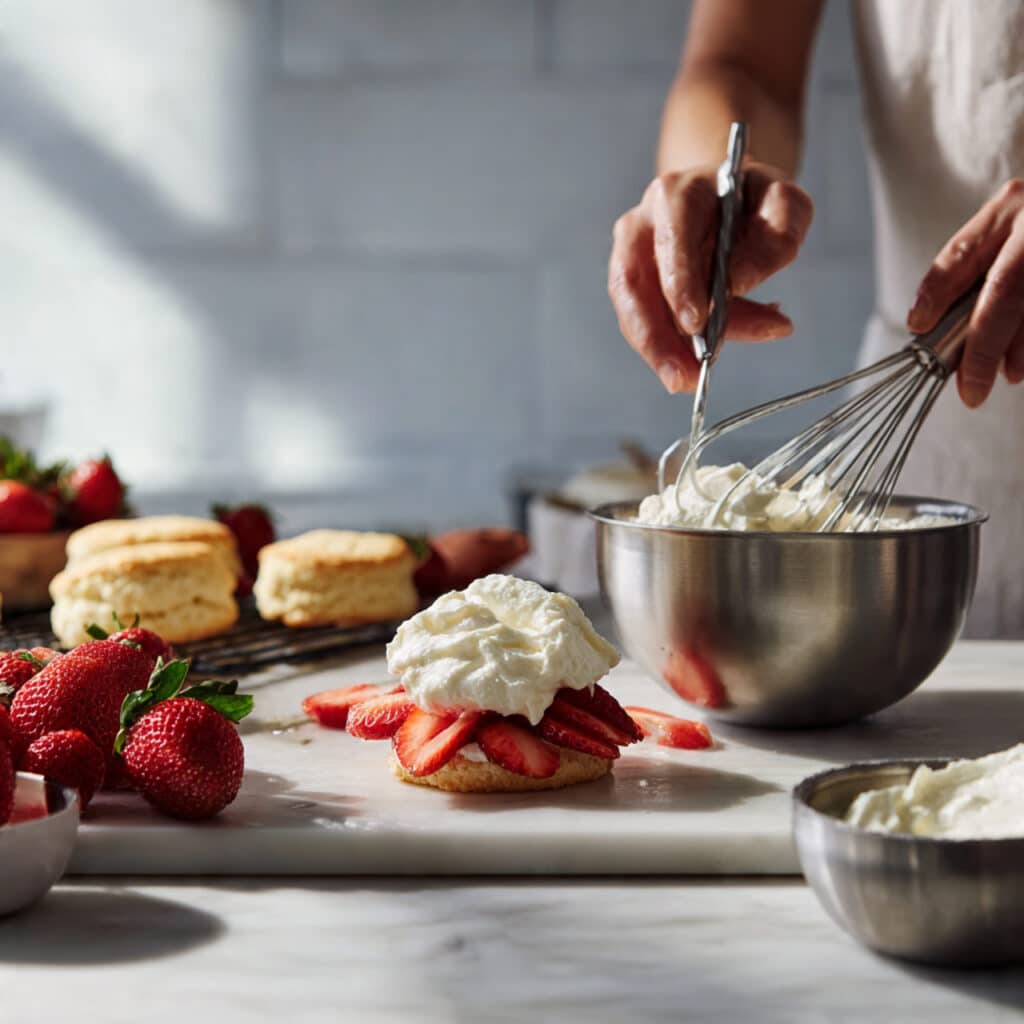 professional food photography of strawberry shortcake preparation