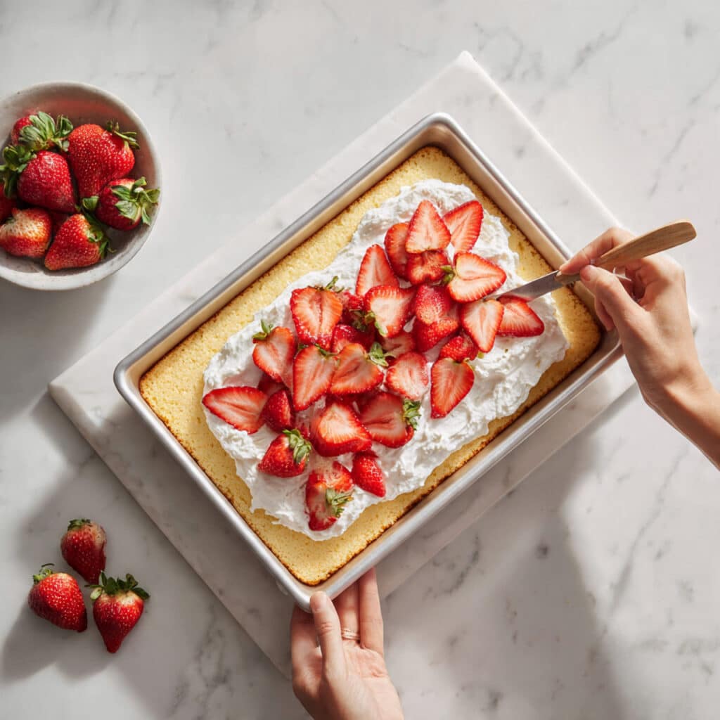 Strawberry Shortcake Sheet Cake 1 professional food photography of strawberry shortcake sheet