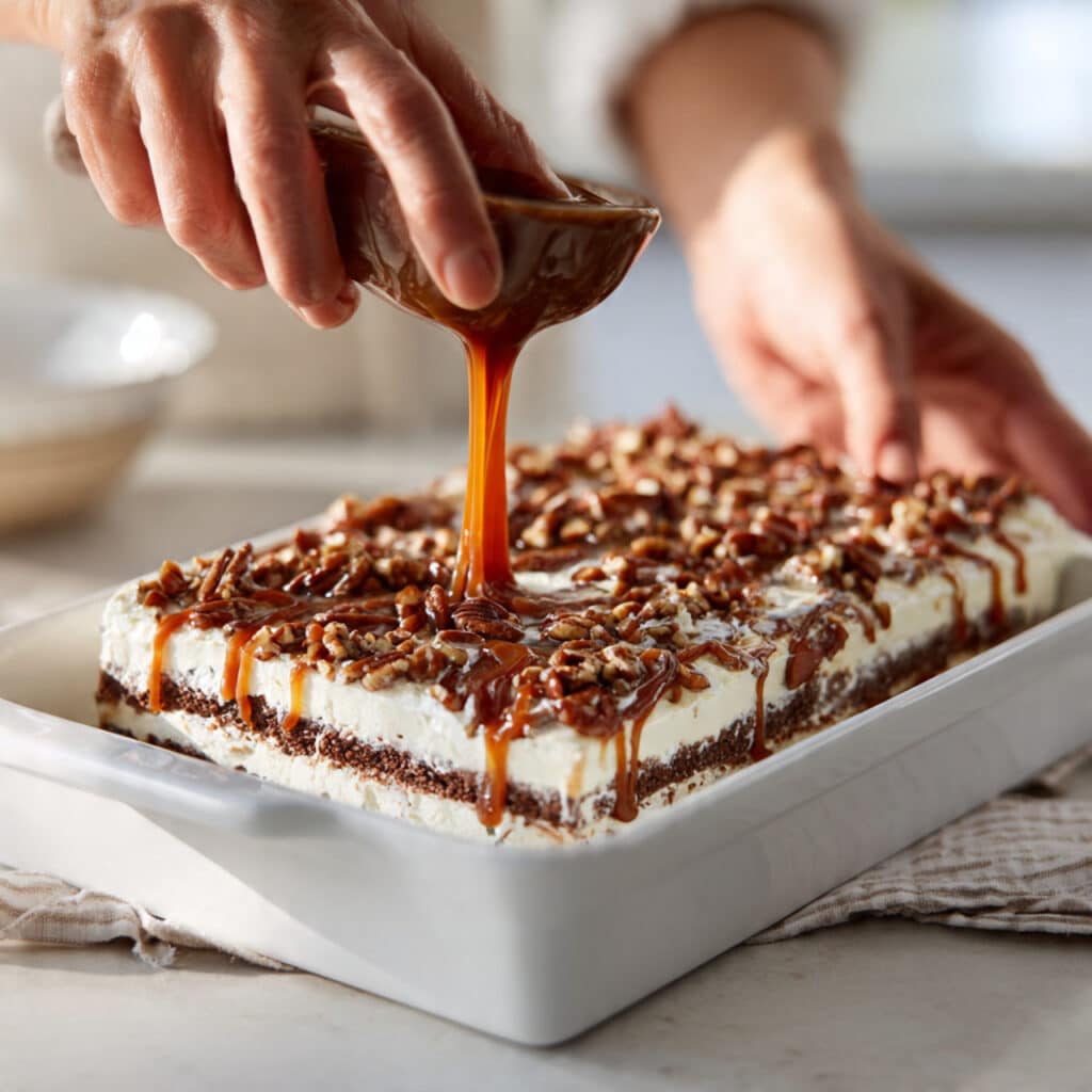 professional food photography of turtle lasagna dessert