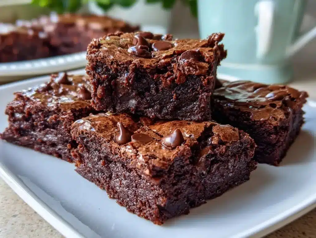 Fudgy protein cottage cheese flourless brownies served on a plate