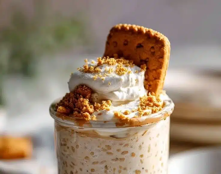 Grill Fresh Eats 4 Delicious bowl of quick Biscoff overnight oats topped with Biscoff spread and cookie crumbles.