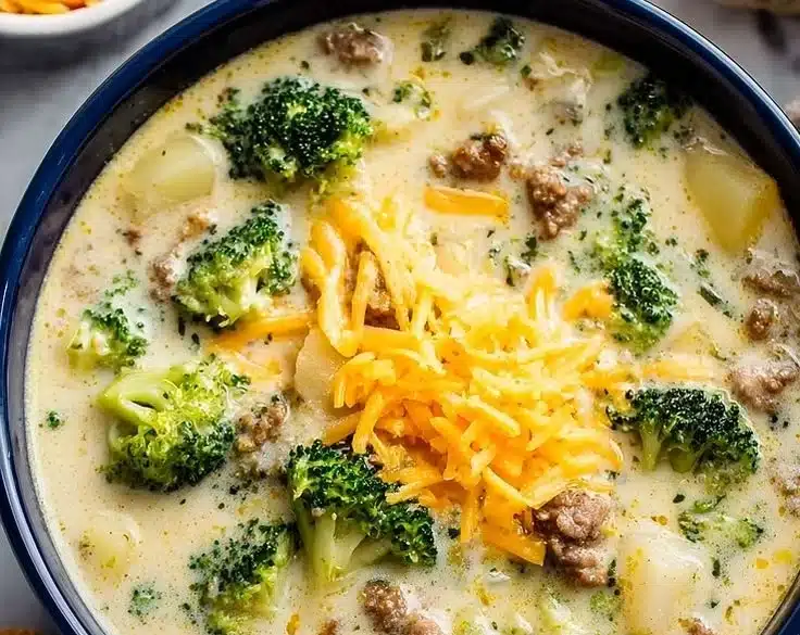Bowl of broccoli cheese soup with ground beef topped with fresh herbs