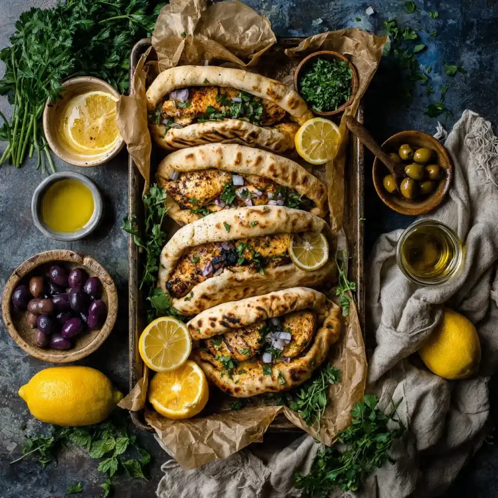 Delicious sheet pan chicken pitas served with fresh vegetables and sauce
