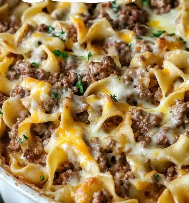 Sour Cream Beef Noodle Casserole 3 Sour Cream Beef Noodle Casserole topped with cheese and herbs in a baking dish