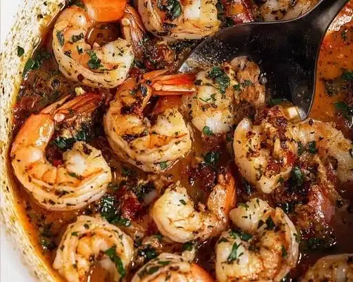 Delicious spicy Calabrian shrimp served on a plate with fresh herbs