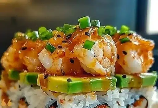 Spicy Shrimp Sushi Stack with vibrant ingredients and flavors