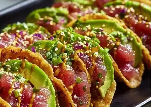 Spicy tuna tartare served in crispy wonton tacos