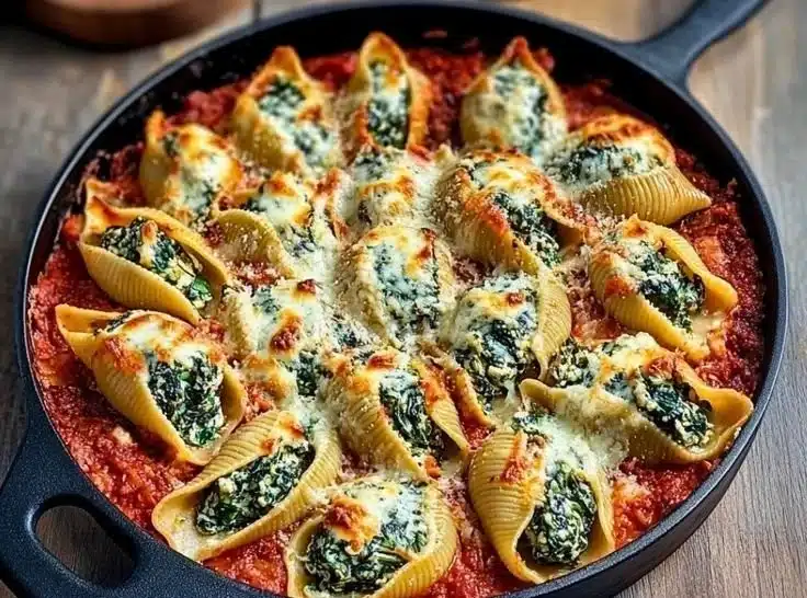 Delicious spinach and ricotta stuffed shells topped with marinara sauce