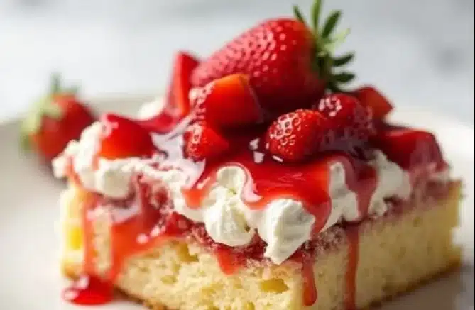 Delicious homemade strawberry shortcake topped with fresh strawberries and whipped cream.