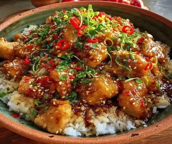 Delicious Sweet Chili Chicken Rice Bowl garnished with fresh vegetables