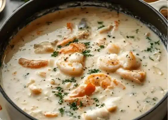 Bowl of creamy seafood chowder garnished with herbs and served with bread