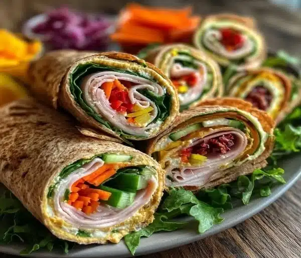 Healthy Turkey Hummus Roll Ups with fresh ingredients and vibrant colors