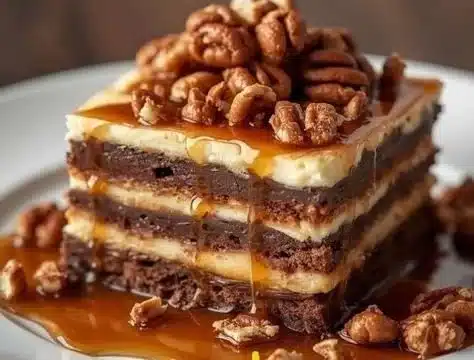 Layered turtle lasagna dessert with chocolate and caramel drizzles