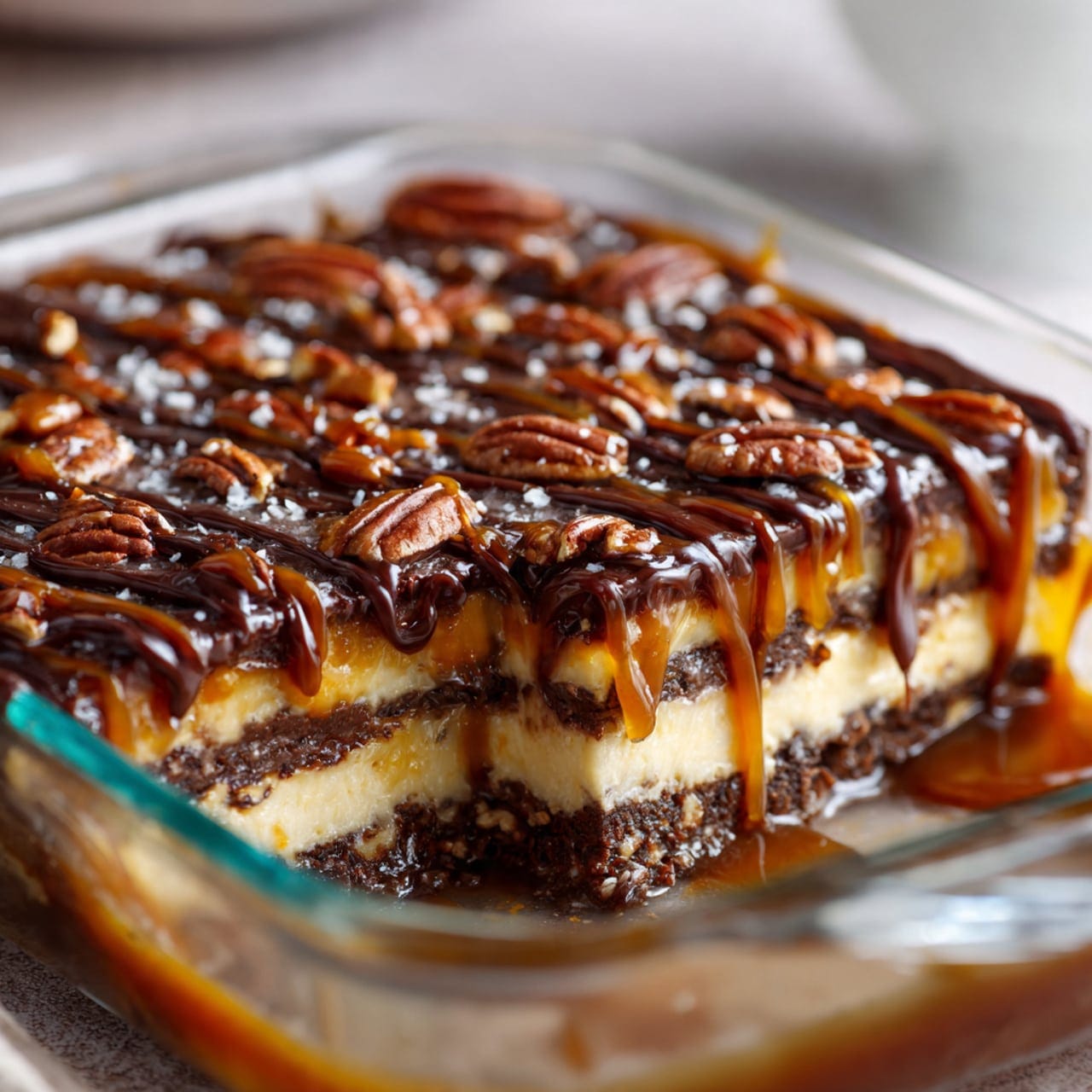 turtle lasagna dessert presented in a glass