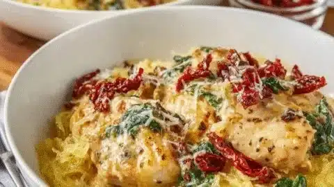 Plate of Tuscan Chicken served with spaghetti squash garnished with herbs.