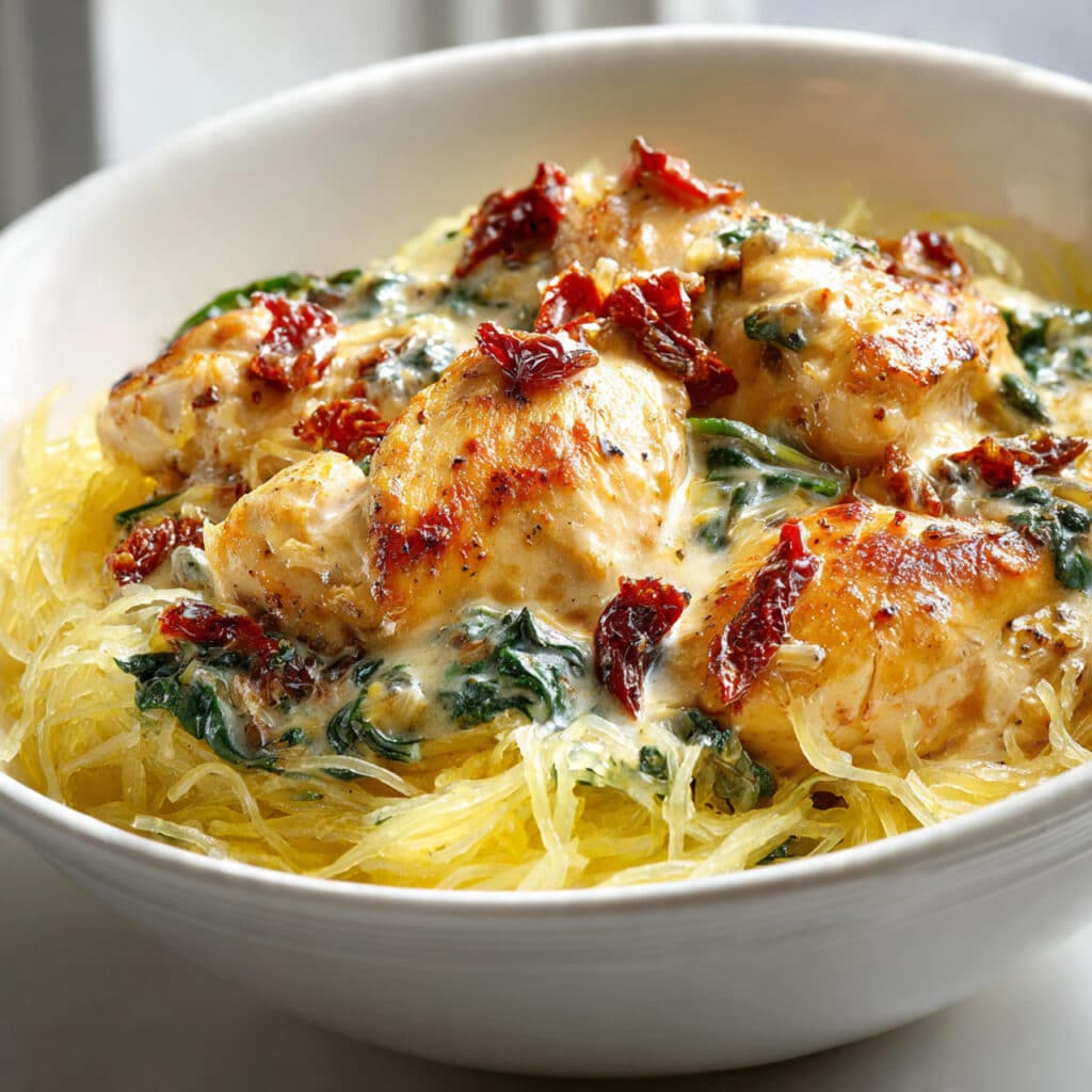 Tuscan Chicken and Spaghetti Squash 2 tuscan chicken served over strands of spaghetti