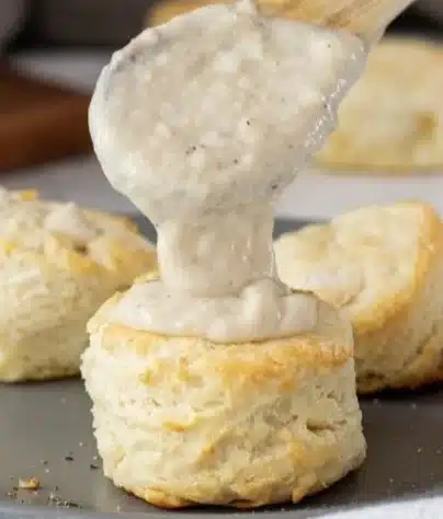 Vegetarian biscuits served with savory gravy for a delicious meal.