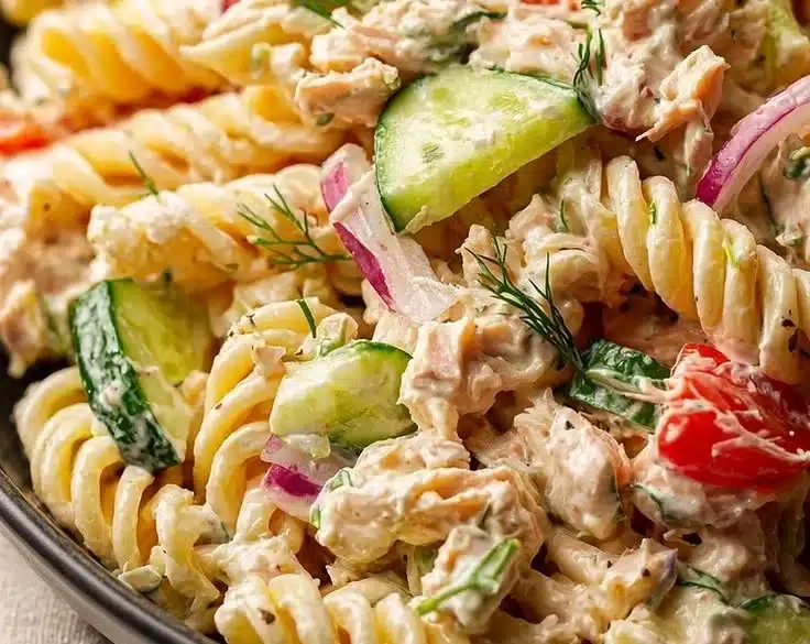Delicious zesty tuna pasta salad served in a bowl with fresh ingredients.